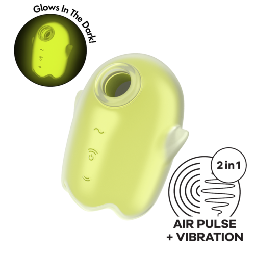 A small, yellow device that glows in the dark, with fingerprint sensor and vibration feature.