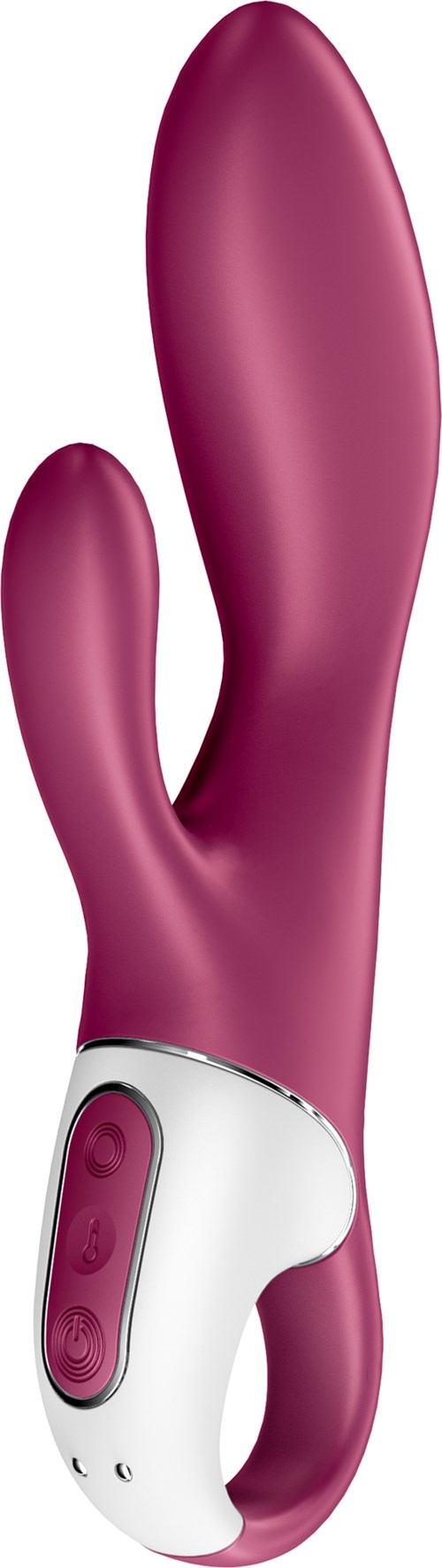 Eine rosa, gebogene, hasenförmige Vibration mit Bedientasten und weißem Sockel.