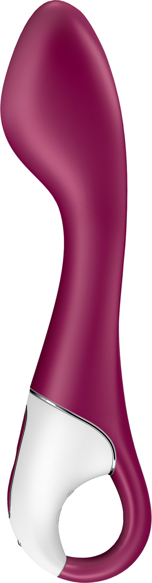 En böjd, lila och vit personlig massager eller vibrator med handtag. Den har en slät yta och ergonomisk form.