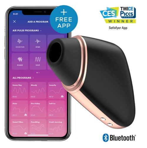 Trådlöst öronpaket med en mobilapp som visar olika ljudprogram och Bluetooth-anslutning.