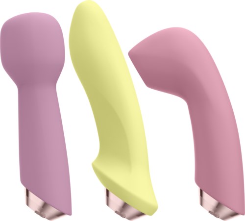 Drie kleurrijke schoonheidsapparaten in roze en geel, vormgegeven als kleine gereedschappen of massages.