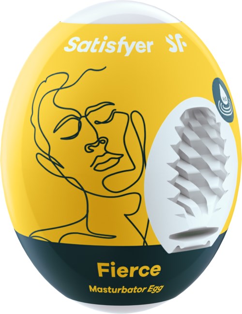 Pakken har gul og svart design med en strektegning av et ansiktet, merket "Satisfyer," og produktnavnet "Fierce."