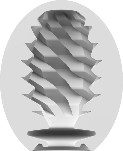 En tredimensjonal, abstrakt skulptur med hakkete, lagdelte kanter og en glatt base i gråskala.