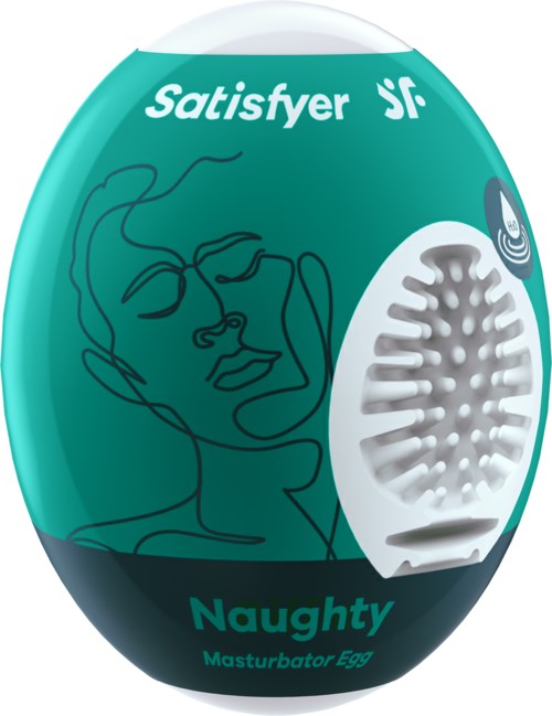 Vihreä munahahmo, jossa on "Naughty"-teksti, ja valkoinen teksturoitu alue.