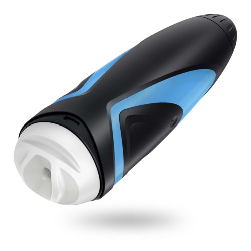 A black and blue vacuum cleaner with a white filter end.