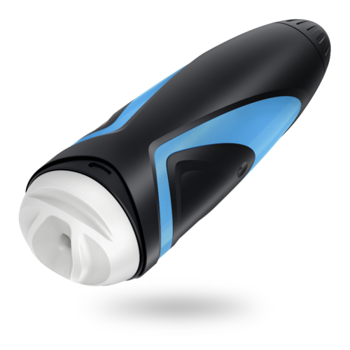 A small handheld device, likely a vacuum cleaner attachment, with black and blue colors and a white opening.