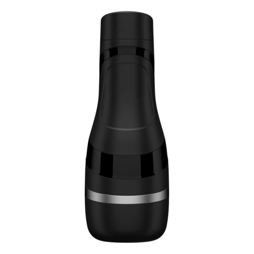 En sort cylindrisk genstand med en sølvstribe, sandsynligvis et rejsekrus eller termokande.