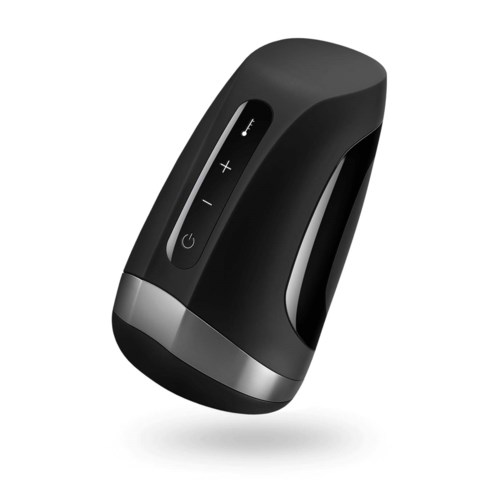 A black personal massager with control buttons, a silver band, and a sleek, ergonomic design.