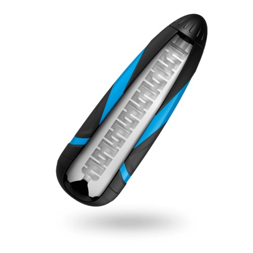 A black and blue handheld device with a transparent section showing internal parts.