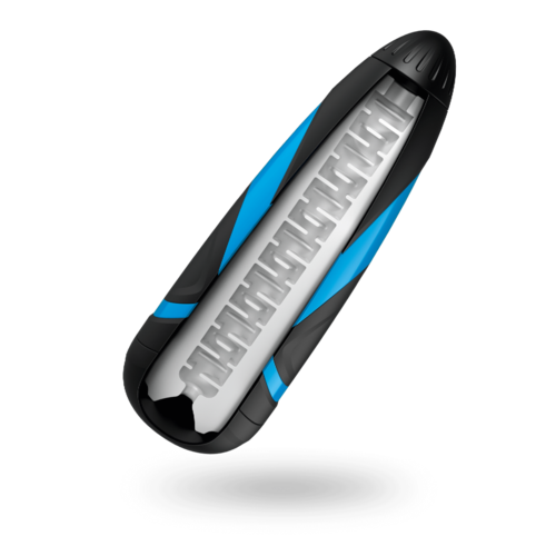A capsule-shaped object with a black and blue design contains a white inner component with grooves.