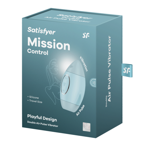 En eske for en dobbel luftpuls vibrasjon kalt Satisfyer Mission Control, med et elegant design og nøkkelfunksjoner skrevet på den.