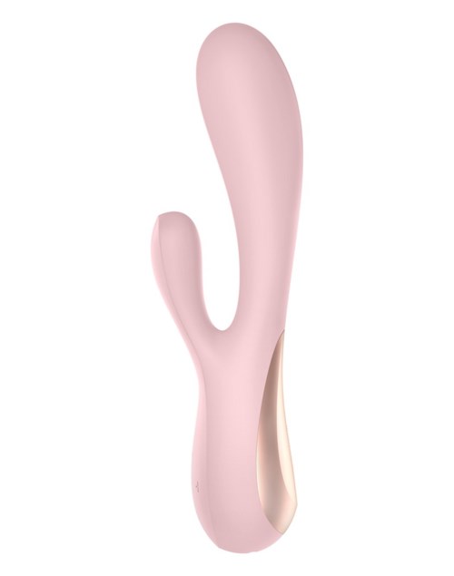En rosa, böjd enhet med två tänder, sannolikt en personlig massör eller vibrator, slät och stilren i design.