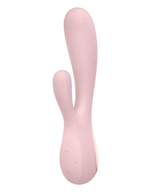 En rosa vibrator i kaninform med två tillägg, ett längre och ett kortare, med kontroller vid basen.