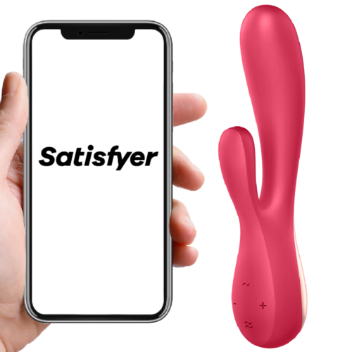 En person håller en telefon med ordet "Satisfyer" på skärmen, bredvid en rosa vibrator.