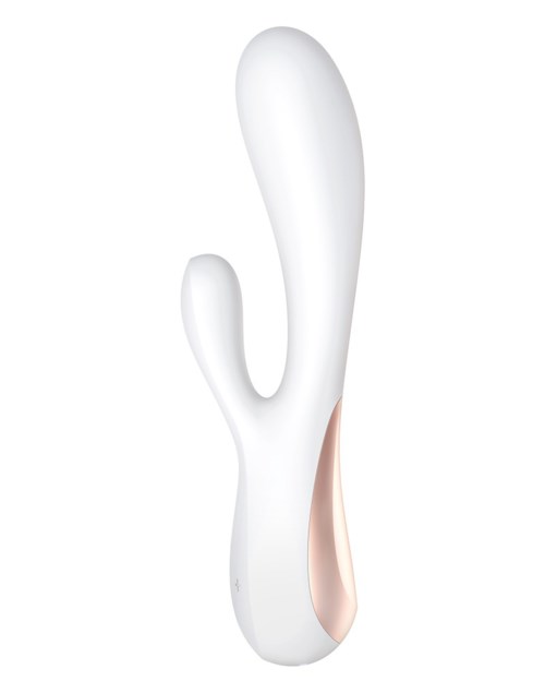 A white personal massager with two curved extensions and a pinkish base. It appears smooth and designed for relaxation.