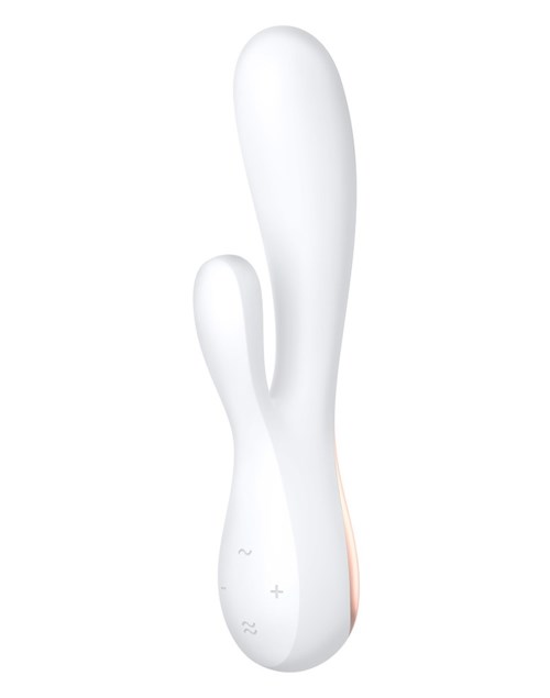 A white, curved sex toy with control buttons and a small pink detail on the side.