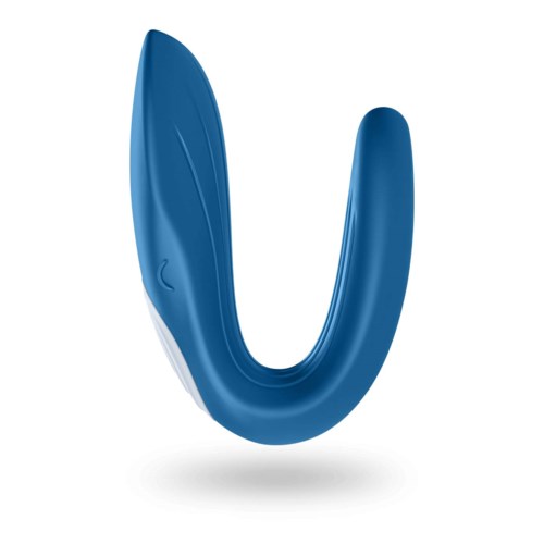 Een blauwe persoonlijke massager met een gebogen, ergonomisch ontwerp en een spitse punt, gebruikt voor ontspanning en spierverlichting.