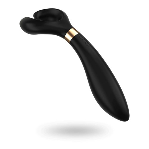Een zwart, gebogen apparaat met knoppen, bedoeld voor persoonlijke verzorging of massage, met een gouden ring dichtbij de bovenkant.