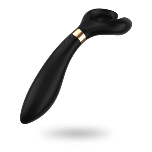 Een zwarte, gebogen persoonlijke massager met een gouden band en bedieningsknoppen op het handvat.