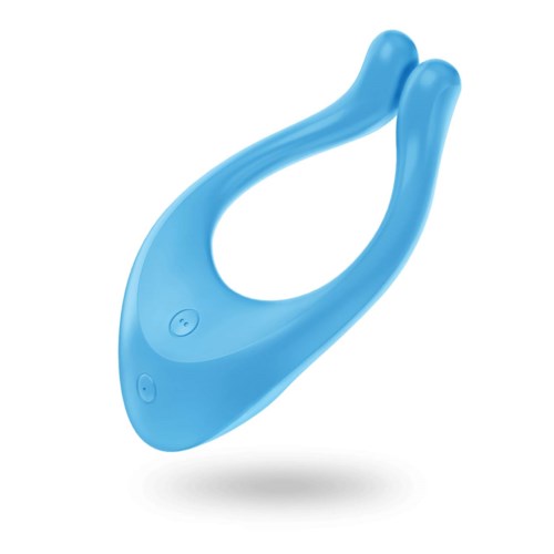 Een blauw draagbaar apparaat met twee armen, mogelijk een massageapparaat of verzorgingshulpmiddel.