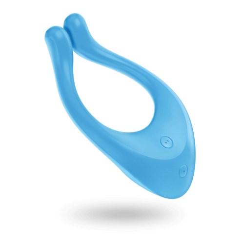 Een blauwe draagbare apparaat met een lus en twee uitstulpingen, waarschijnlijk een vibrator of volwassenenspeeltje.