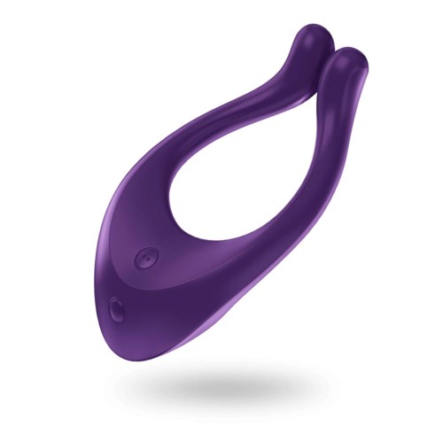 Eine lila, gebogene, tragbare Vorrichtung mit zwei runden Enden, sieht aus wie ein Massagegerät oder Vibrator.