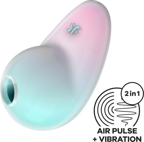 Ein kabelloses Gerät mit glatter, schillernder Oberfläche, Logo und Symbolen für Luftpuls und Vibration.