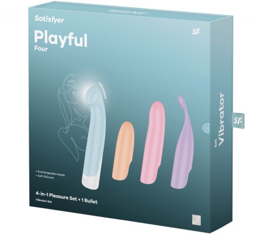 En produktskoss som viser fire forskjellige fargede vibratorer med informasjon om funksjoner og sett.