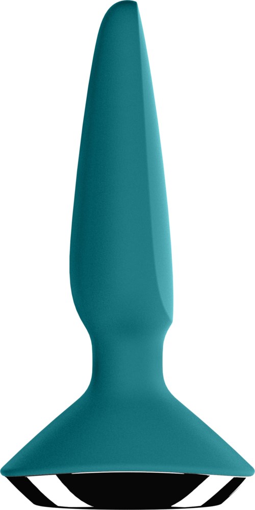 A teal-colored plastic object resembles a rocket with a large fin at the bottom.