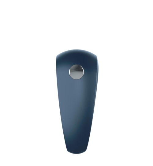 Sininen pulloavaaja, jossa on pyöreä reikä yläosassa ja tyylikäs, kaareva muoto.