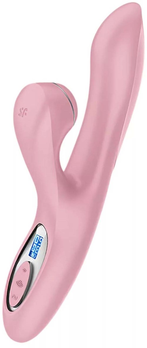 Ein rosa medizinischer Vibrator mit gebogenem Design, kleiner Steuerung und digitalem Display.