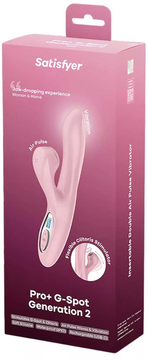 Pinkfarbige Verpackung mit einem Vibrator namens Satisfyer Pro G-Spot Generation 2, zeigt eine kleine Darstellung des Geräts.