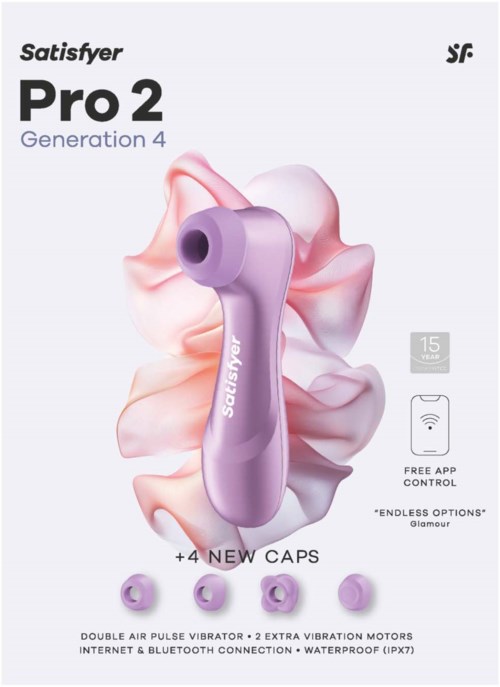 Lila Pro 2 Generation 4 vibrator med utbytbara lock och Bluetooth-kontroll på rosa och lila virvlar bakgrund.