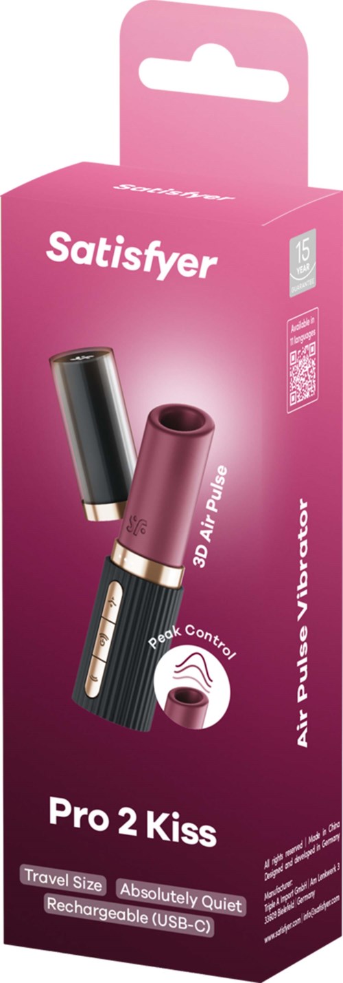 Różowe opakowanie Satisfyer Pro 2 Kiss, podróżna wersja, ładowalny, cichy wibrator z pulsami powietrznymi z Peak Control.