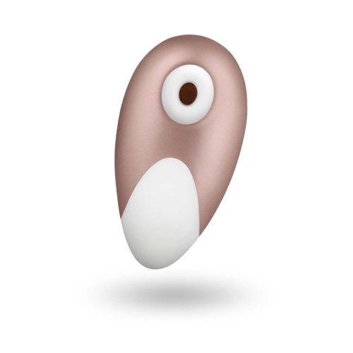 En liten, oval, beige och vit leksak med ett stort öga. Den har en enkel, söt design.