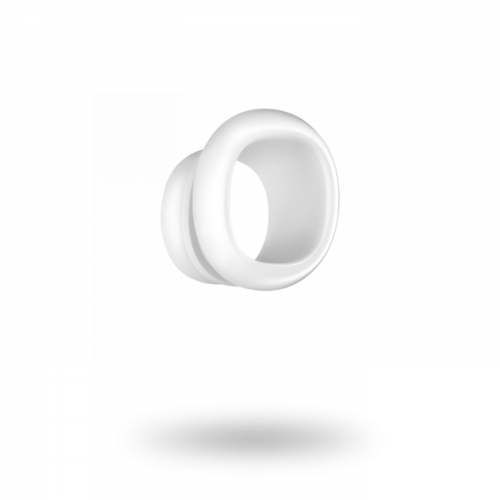 Ett vitt, ovalt föremål med ett hål i mitten, liknar en ring eller en uppblåsbar handtag.