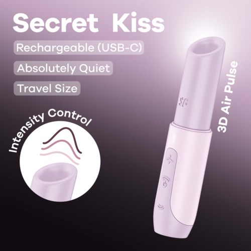 A white, portable device labeled as 'Secret Kiss', with three buttons and a curved design, suggests a personal massager.