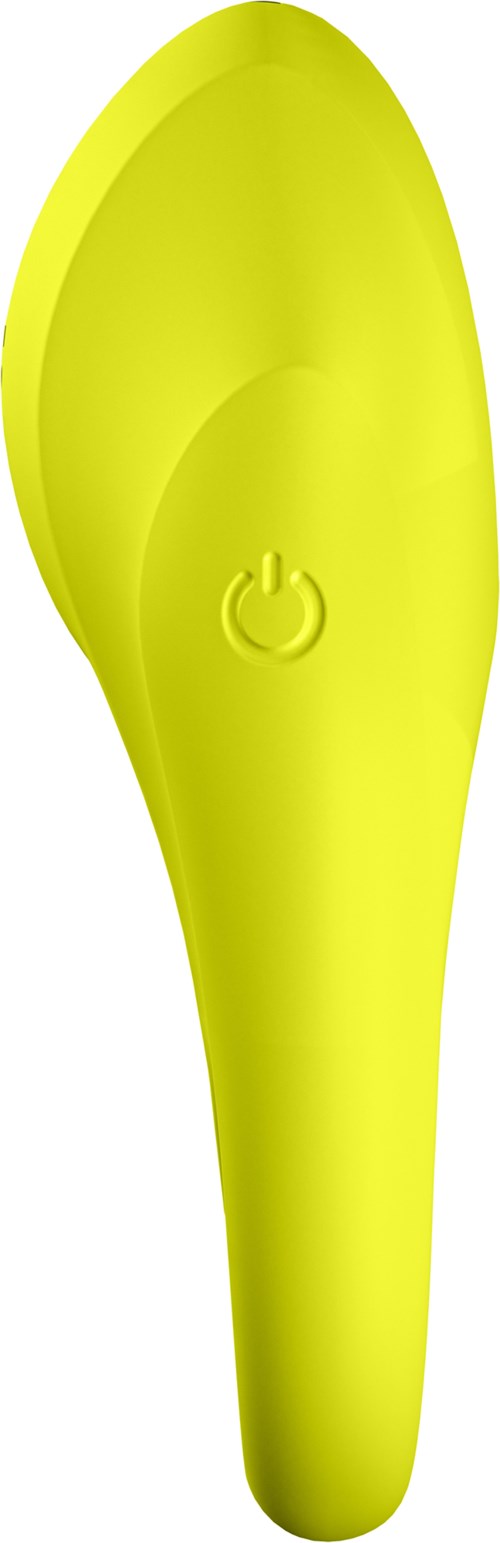 Een felgele apparaat met een aan/uit-knop in het midden. Het heeft een slanke, gebogen vorm.