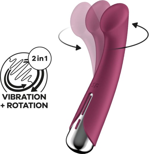 A pink personal massager with vibration and rotation functions, with images showing movement directions and effects.