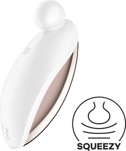 En hvit, eggformet enhet med avrundet topp og en åpning inni, merket 'SQUEEZY'.