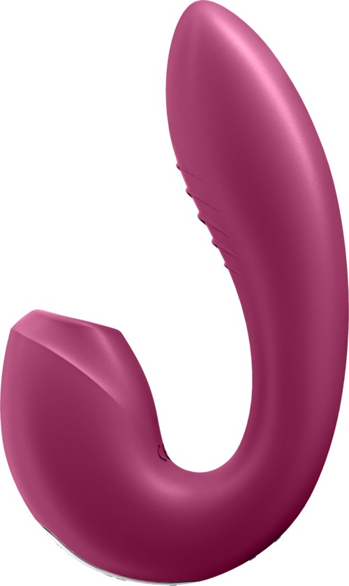 En rosa, böjd sexleksak med en del som liknar ett handtag och en texturerad yta för stimulans.