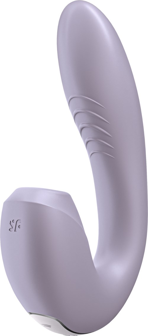 A silver, curved personal massager with a rounded end and textured grip areas.