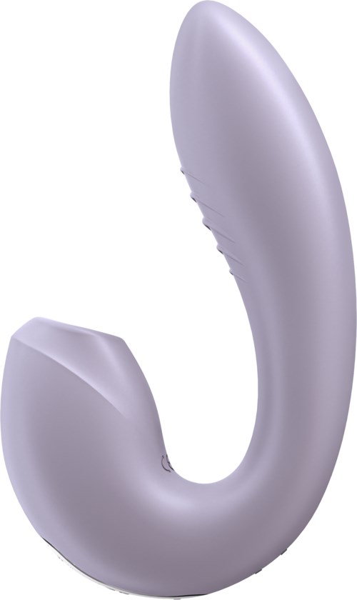 A silver, curved, and smooth personal massager with a rounded tip.