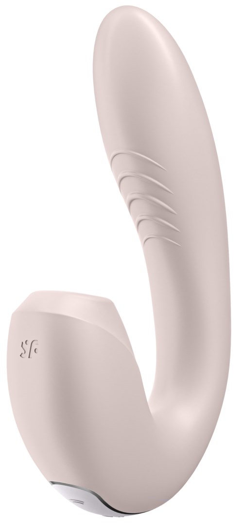 A white, sleek, curved device with three lines on its upper part and what looks like a control button.