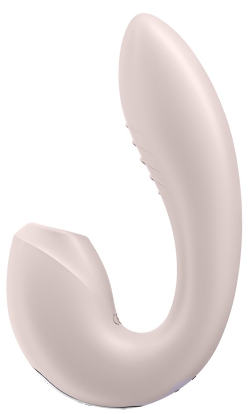 A white, curved object with two ends, resembling a hook or a small wearable device.