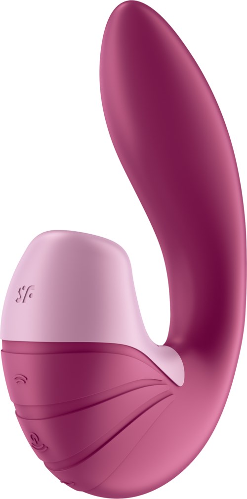 A pink and purple curved device, likely a personal massager or wellness product, with buttons and wireless symbol.