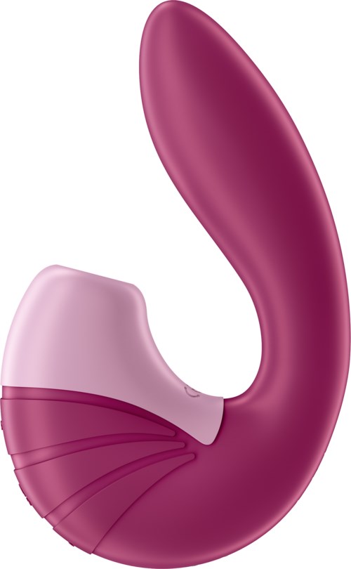 A pink and purple wearable device shaped like a curved hook with textured grip area.