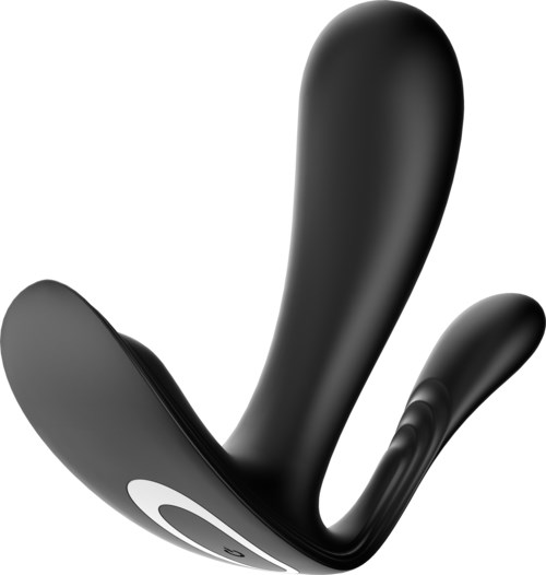 Een zwarte persoonlijke massager met een grote, gebogen kop en een kleinere opzetstuk. Het ziet er glad en ergonomisch uit.