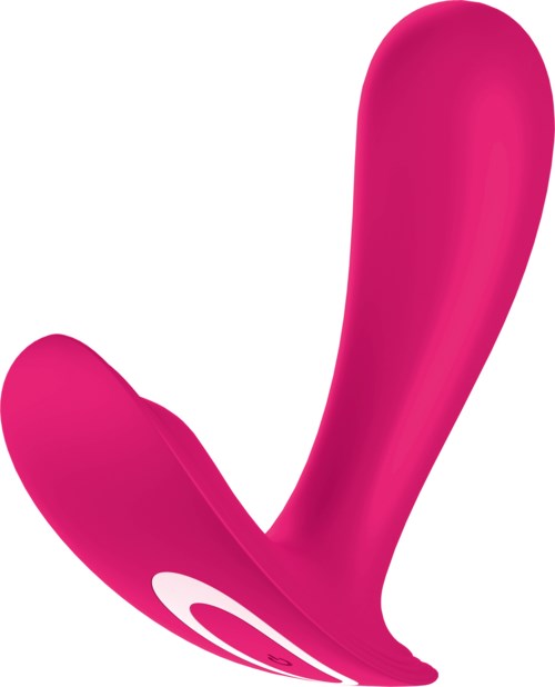 Een roze siliconen seksspeeltje met een gebogen ontwerp en een kleinere uitsparing voor stimulatie.