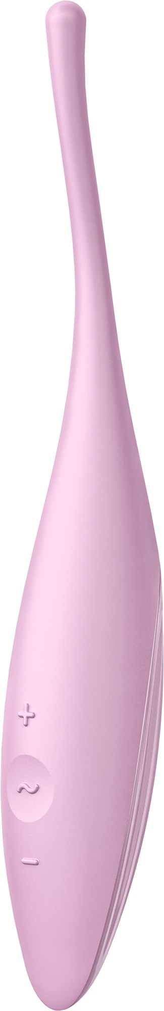 A pink handheld device with buttons, likely a toothbrush, with a long, slightly curved handle.